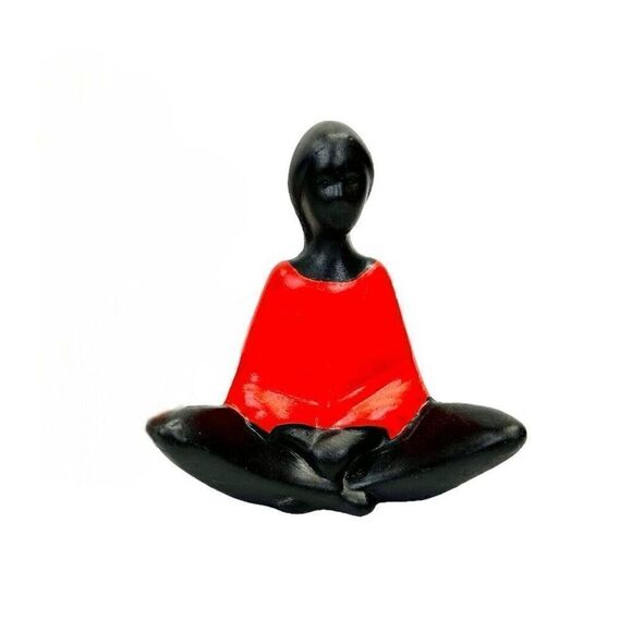 Modern Ceramic Figurine Native American Woman Lotus Yoga Pose Black & Red 4.75” - Picture 1 of 12